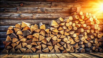 Aufkleber - A sunlit stack of neatly arranged firewood logs rests against a rustic log cabin wall.