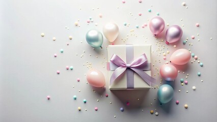 Aufkleber - A pastel-colored gift box with a lavender ribbon, surrounded by pastel balloons and confetti, perfect for a celebratory occasion.