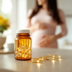 Pregnant woman with prenatal vitamins for health and maternity care