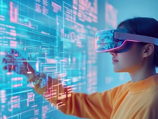 Fototapete - Futuristic Woman Engaged with Immersive Virtual Reality Interface Wearing Innovative Glasses in a Modern Tech Environment Evoking Curiosity and Wonder