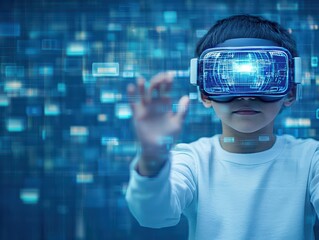 Leinwandbilder - Young Boy Engrossed in Virtual Reality Experience with Bright Colors and Exciting Imagery Creating a Playful and Immersive Digital Adventure Atmosphere