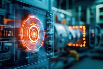 Poster - Futuristic Machine with Glowing Circular Interface Set Against an Industrial Backdrop Evoking a Sense of Innovation and Technology in Modern Design