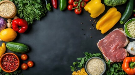 Poster - Vibrant Display of Fresh Organic Vegetables and Juicy Fruits Arranged Harmoniously on a Dark Background Showcasing Colors and Natural Beauty