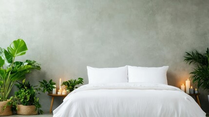Fototapete - Elegant and Cozy Bedroom Featuring a Soft White Bed Linen and Blanket Creating a Serene Atmosphere for Restful Sleep and Relaxation in a Modern Space