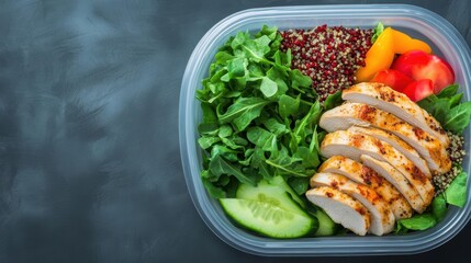 Aufkleber - Vibrant Plastic Container Brimming with Fresh Chicken Colorful Vegetables and Crisp Salad Ideal for Healthy Eating and Nutritious Meal Preparation
