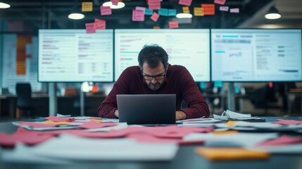 Poster - Focused Professional Man Working on Laptop in Modern Office Environment Surrounded by Natural Light and Contemporary Decor Creating Productive Atmosphere
