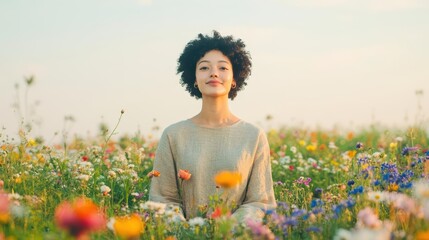 Aufkleber - A Joyful Woman Surrounded by Vibrant Wildflowers in a Sunlit Field Evoking Feelings of Freedom Happiness and Natural Beauty in a Serene Landscape