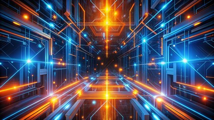 Poster - Futuristic Technology Glowing Blue Orange Lines Background