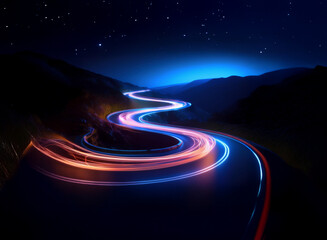 Poster - A winding mountain road at night, illuminated by vibrant light trails.  The starry sky reflects in the deep blue hues.