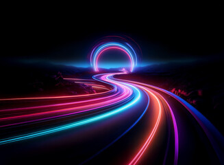 Aufkleber - A vibrant, glowing road curves through a dark, surreal landscape towards a neon ring.  The vibrant colors suggest speed and energy.