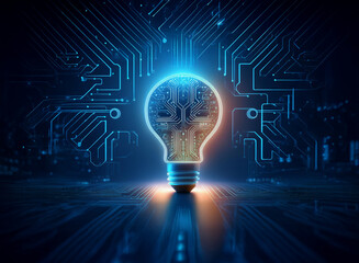 Fototapete - A glowing lightbulb, its filament a complex circuit board, sits on a dark, technological background.  The image symbolizes innovation and technological advancement.