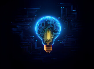 Fototapete - A glowing lightbulb, its interior a vibrant circuit board, sits against a dark background of intricate electronic pathways, symbolizing innovation and technological advancement.