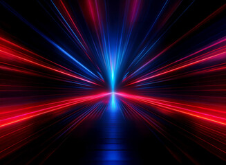 Aufkleber - Abstract image of vibrant red and blue light streaks converging at a central point, creating a dynamic, symmetrical effect on a dark background.  The colors reflect on a glossy surface.