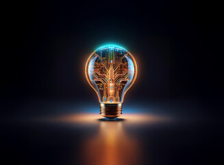 Poster - A glowing light bulb, its interior a mesmerizing circuit board, symbolizes innovation and technological advancement.  The warm light casts a reflective glow on the dark surface below.