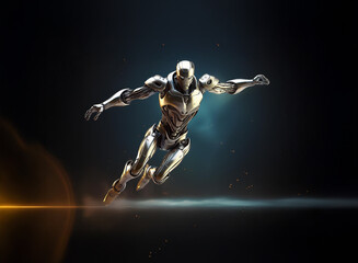 Poster - A sleek, metallic humanoid robot leaps through a dark, atmospheric space, leaving a faint trail of light. Its pose suggests speed and power.