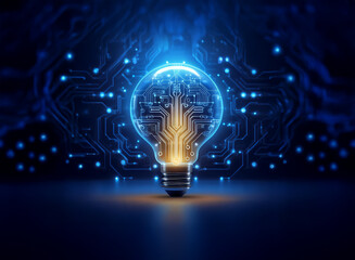 Aufkleber - A glowing lightbulb, its filament replaced by intricate circuitry, sits on a dark, reflective surface amidst a vibrant, digital backdrop.  This symbolizes innovation and technological advancement.