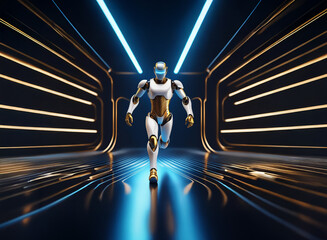 Poster - A futuristic humanoid robot strides through a sleek, dark corridor illuminated by vibrant neon blue and gold accents.  Its polished metallic body gleams under the artificial light.