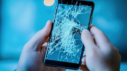 Poster - Closeup of a person holding a smartphone with a shattered screen revealing cracks and damage emphasizing the fragility of modern technology and devices