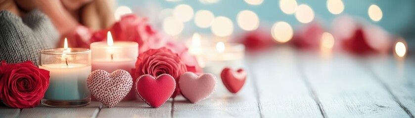 Aufkleber - A woman holding a glowing candle surrounded by vibrant red roses in a soft lit ambiance evoking warmth love and tranquility in a romantic setting