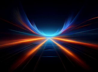 Poster - Abstract digital art depicting a futuristic highway scene with vibrant orange and blue light trails converging at the vanishing point.  The dark background emphasizes the glowing streaks of light.