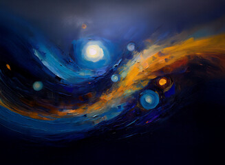 Poster - Abstract painting of swirling blues and oranges, reminiscent of a cosmic nebula. Glowing orbs and dynamic brushstrokes create a sense of depth and movement.