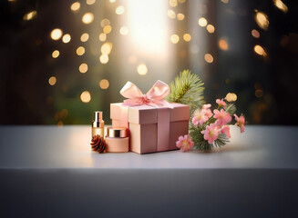 Poster - A pink gift box with a satin ribbon, accompanied by skincare products and festive decor, sits on a white surface against a bokeh background.  The scene evokes a feeling of celebration and gifting.