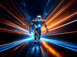 Poster - A futuristic robotic figure in sleek armor sprints through a vibrant, energy-filled tunnel of light streaks, leaving a glowing trail.  The scene evokes speed, technology, and power.