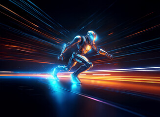 Poster - A chrome robot, glowing with blue and orange light streaks, runs at incredible speed across a futuristic track.  Its movement is blurred by intense light trails.