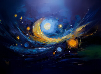 Poster - A swirling cosmic scene painted in blues and golds.  Celestial bodies, stars and planets, are embedded within a dynamic, expressive brushstroke style. The artwork evokes a sense of wonder and dreams.