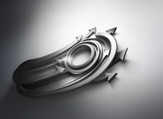 Aufkleber - Abstract metallic gray 3D artwork featuring swirling arrows forming a circular pattern.  The design evokes movement and dynamism against a light gray background.