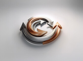 Fototapete - Circular arrangement of metallic arrows, silver and copper tones, symbolizes continuous process, progress, and cyclical motion.  Clean, minimalist design.