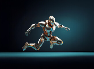 Poster - A metallic humanoid robot, bronze and silver, leaps forward with dynamic energy against a dark teal backdrop.  Its pose suggests speed and power.