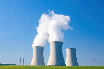 photograph of power plant with cooling towers emitting steam against clear blue sky. scene captures industrial landscape and energy production