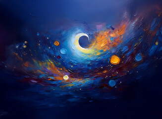 Poster - A celestial crescent moon swirls within a vibrant, cosmic nebula.  Planets and stars glimmer amidst strokes of blue, orange, and deep purple hues, creating a dreamy, otherworldly scene.