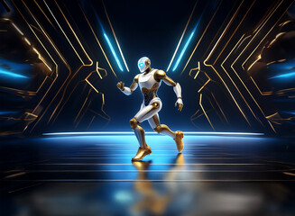 Poster - A sleek, white and gold humanoid robot runs through a futuristic, dark corridor illuminated by vibrant blue and gold accents.  The robot's design is elegant and athletic.