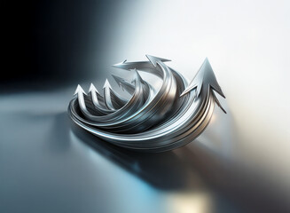 Fototapete - A cluster of sleek, metallic arrows curve and intertwine, creating a dynamic, upward-pointing formation against a subtly contrasting background.  The polished metal reflects light, suggesting movement