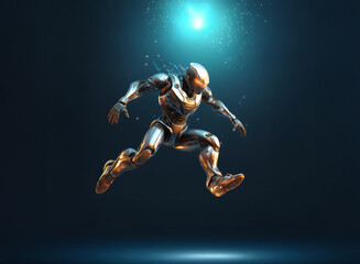 Poster - A metallic humanoid figure leaps dynamically against a dark blue backdrop, illuminated by a soft, glowing light source above.  Its movement suggests power and agility.