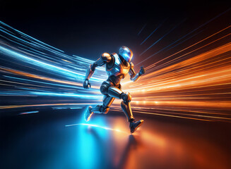 Aufkleber - A metallic robot, sleek and powerful, runs at incredible speed through a tunnel of vibrant, contrasting blue and orange light streaks.  Its futuristic design and dynamic motion suggest advanced techno