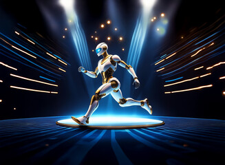 Poster - A futuristic robot, gleaming white and gold, runs dynamically across a circular stage bathed in bright spotlights.  Its sleek design and powerful pose suggest speed and technological advancement.