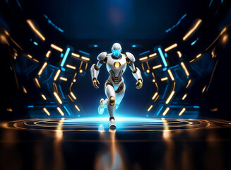 Poster - A futuristic white and gold robot strides forward in a dark, technologically advanced chamber, illuminated by vibrant blue and orange lights.  The scene evokes power and technological advancement.