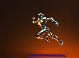 Poster - A chrome android, sleek and powerful, is captured mid-stride in a dynamic running pose against a warm, dark background.  The metallic sheen highlights its articulated joints.