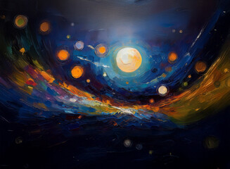 Poster - A vibrant, impasto painting depicts a swirling night sky filled with luminous orbs and celestial bodies.  The colors are rich and expressive, creating a dreamy, otherworldly atmosphere.