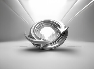 Fototapete - A sleek, silver, circular sculpture with arrows suggesting continuous motion, sits in a bright, minimalist setting.  The design evokes themes of infinity, progress, and cyclical processes.