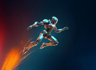 Poster - A futuristic chrome robot, sleek and powerful, leaps forward with blazing speed, leaving a fiery trail.  Its movement suggests incredible agility and strength.