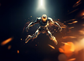 Poster - A metallic android, seemingly airborne, descends amidst fiery embers and a spotlight.  Its pose suggests dynamic movement and power.