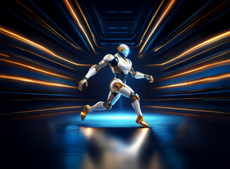 Poster - A futuristic robot, white and gold, runs through a glowing blue and orange corridor.  Its design is sleek and advanced, showcasing technological prowess.