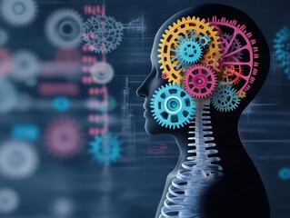 Fototapete - Human Head with Intricate Gears Representing Thought Process and Cognitive Functionality in a Conceptual and Abstract Visual Exploration of the Mind
