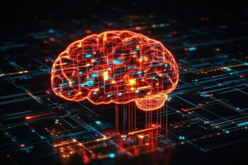 Fototapete - A Futuristic Concept of a Brain Connected to Technology with Glowing Circuit Lines Symbolizing Intelligence Innovation and the Fusion of Mind and Machine