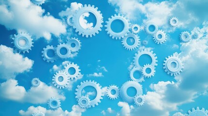 Poster - Surreal Composition of Interlocking Gears Floating in a Dreamlike Sky with Soft Pastel Hues Evoking a Sense of Wonder and Imagination in Motion
