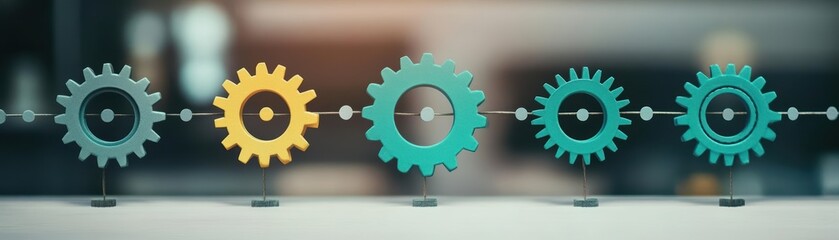 Poster - Vibrant Array of Colorful Gears Arranged on a Wooden Table Showcasing Intricate Mechanisms and Vivid Hues Creating an Engaging Visual Display
